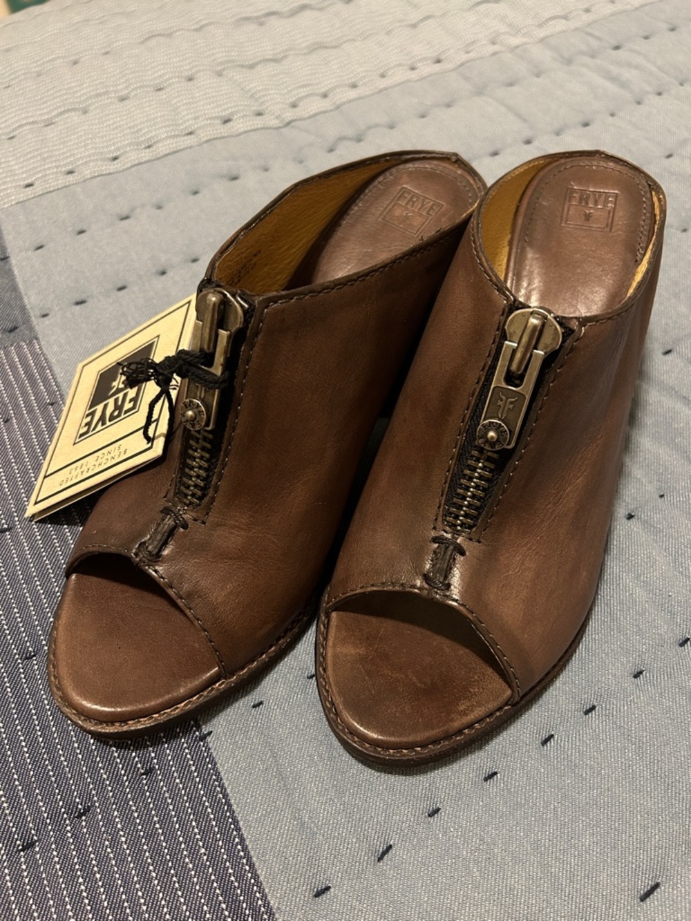 Frye Brown Leather Peep-Toe Mule with Front Zipper
